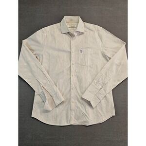 US Polo Assn Mens Giza Cotton Striped Button Down Shirt White Purple Tailored L